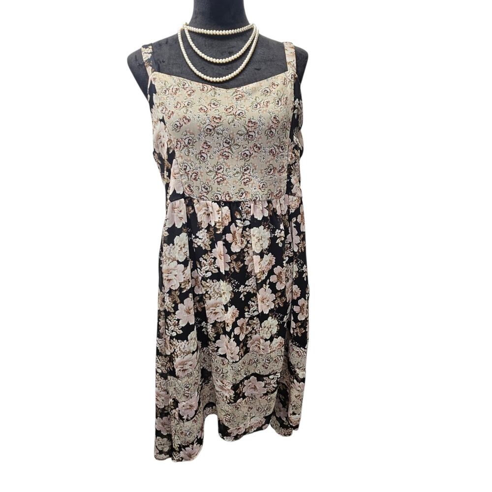 Y2K Mudd Boho Mini Dress Black Brown Floral Layered Peasant Whimsigoth XL 2000s